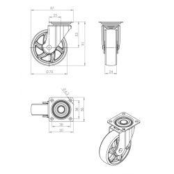 Kolečko otočné TOP Ø 75 mm, transparentní tmavá