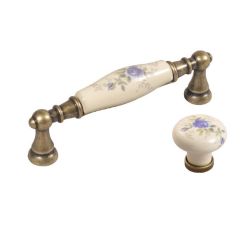 keramická úchytka Flora, modrý květ, staromosaz