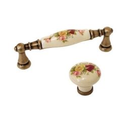 keramický knopek Marco, retro květiny, staromosaz