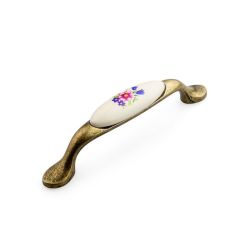 porcelánová úchytka Memories, starozlatá/ modrý kvítek