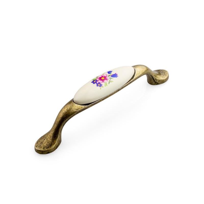 porcelánová úchytka Memories, starozlatá/ modrý kvítek