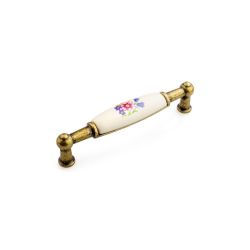 porcelánová úchytka Garden, starozlatá/ modrý kvítek