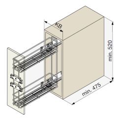 Výsuvný dvoupoličkový drátěný koš spodní, pravý, chrom