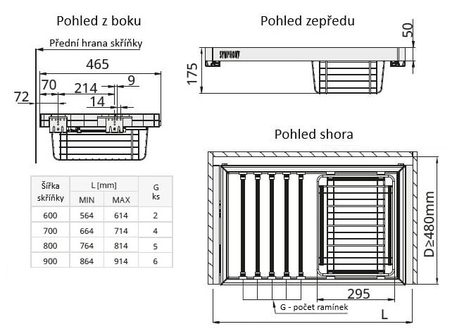 Technický nákres Výsuvný věšák na kalhoty s košem na prádlo WB 663, bíla