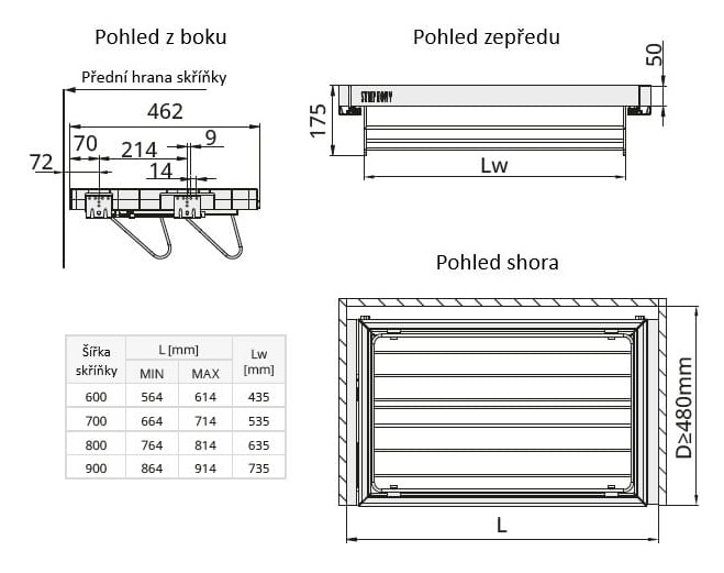 Technický nákres Výsuvný koš na boty WB 666, bílý