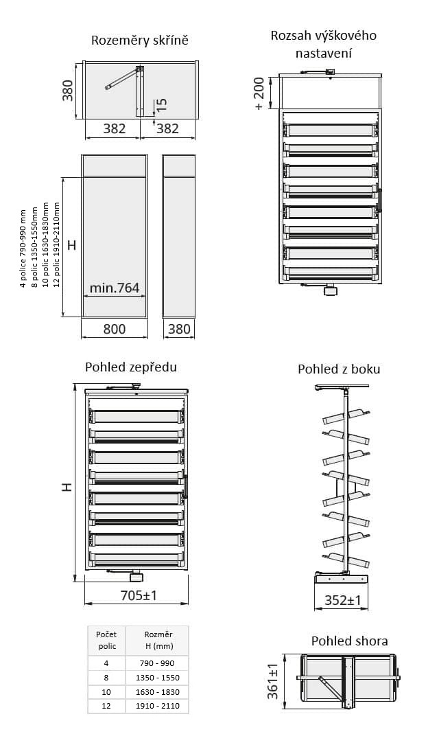Technický nákres Výsuvně - otočný koš na boty, bílý