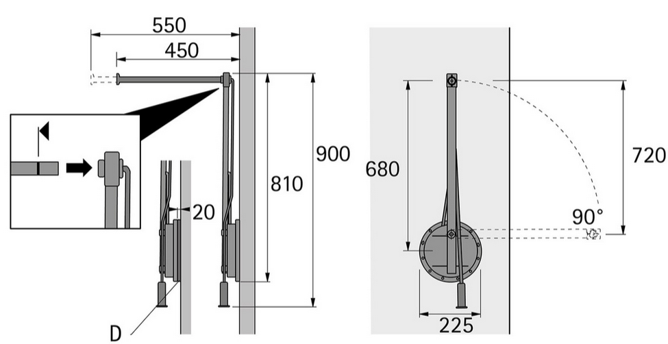 Technický nákres Jednostranná sklopná šatní tyč HETTICH SingleLift 12