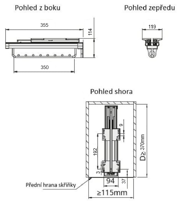 Technický nákres výsuvný věšák na ramínka WB 669B 350mm, antracit