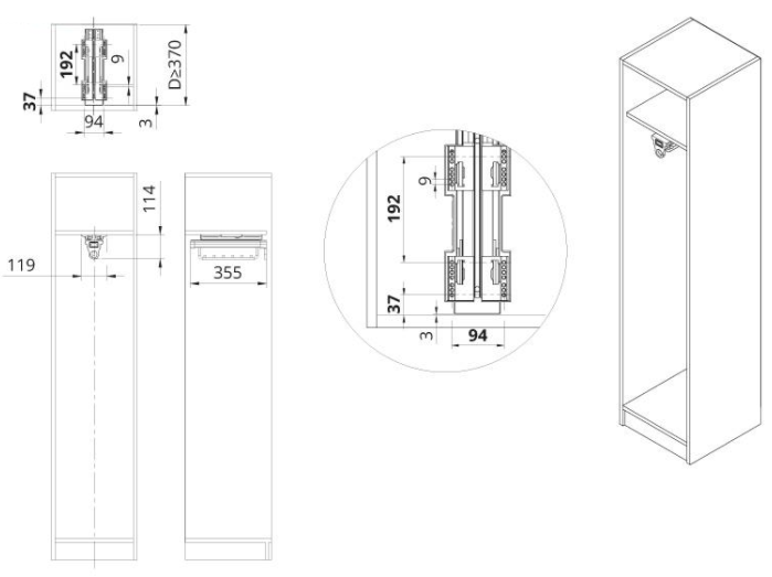 Technický nákres výsuvný věšák na ramínka WB 669B 350mm, antracit
