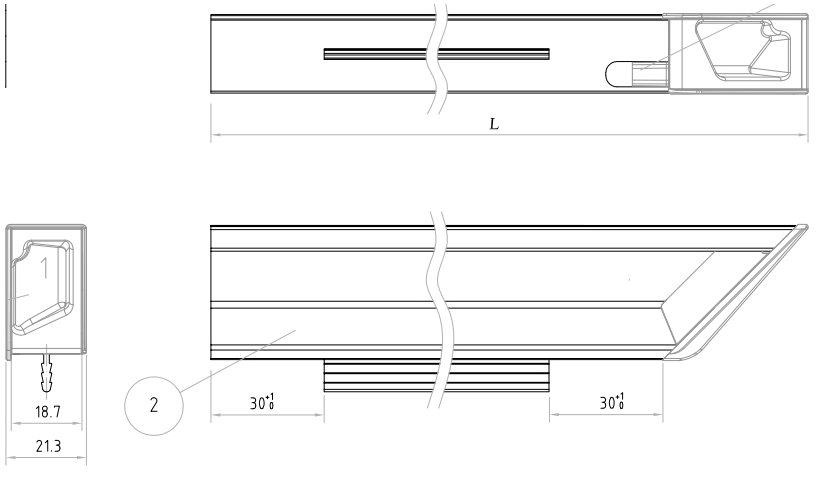 Technický nákres narážecí úchytový profil Florida 380 mm, pravá, černá matná