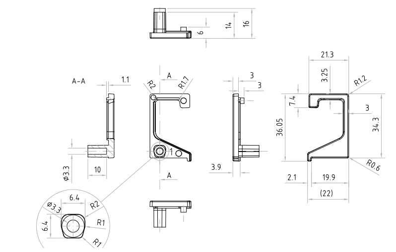 Technický nákres otevřená koncovka profilu Florida P+L, černá matná