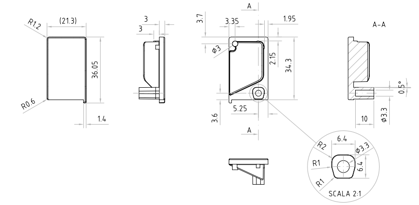 Technický nákres uzavřená koncovka profilu Florida P+L, černá matná