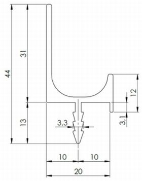 Technický obrázek hliníkového narážecího profilu Juvio L, imitace nerezu, značky Tulip