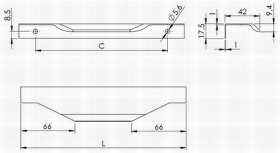 Technický nákres profilové úchytky Lori, tmavá zlatá broušená, výrobce Tulip