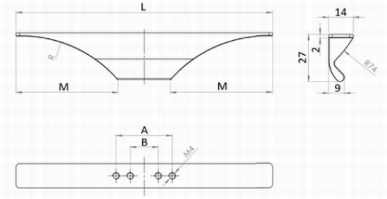 Technický náčrt profilového úchytu Tende, eloxovaný hliník, výrobce Tulip