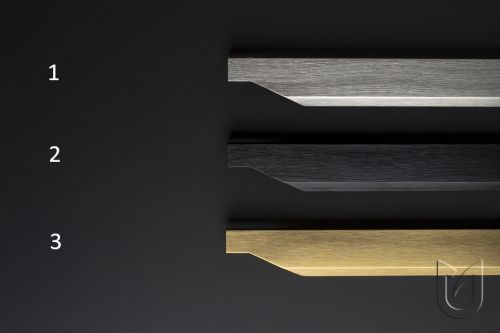 Obrázek profilových nábytkových úchytek Lori v povrchových úpravách imitace nerezi, černá broušená a zlatá broušená, značky Tulip