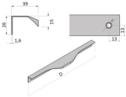Technický obrázek profilového úchytu Muni, eloxovaný hliník, značky ATM