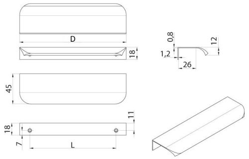 Technický obrázek profilového úchytu Toko, eloxovaný hliník, značky ATM
