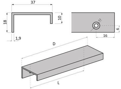 Technický obrázek profilového úchytu Donude, matná měď, značky ATM