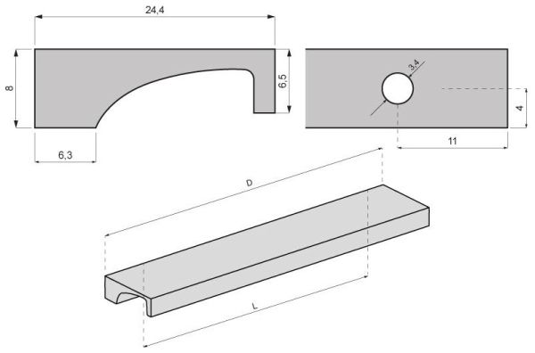 Technický obrázek úchytky Teme, eloxovaný hliník, značky ATM