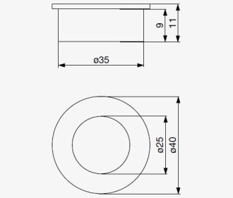Technický obrázek kulaté zápustné úchytky Kaniva RX XZ12, lesklý chrom, značky Riex
