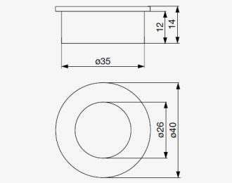 Technický obrázek kulaté zápustné úchytky Ring RX XZ07, broušený nikl, značky Riex