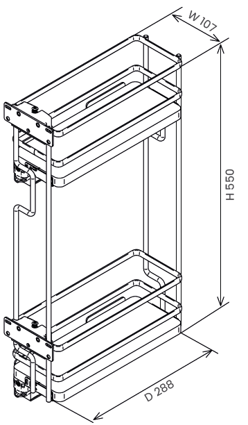 Technický nákres Výsuvný koš do horní skříňky, Galaxy, chrom