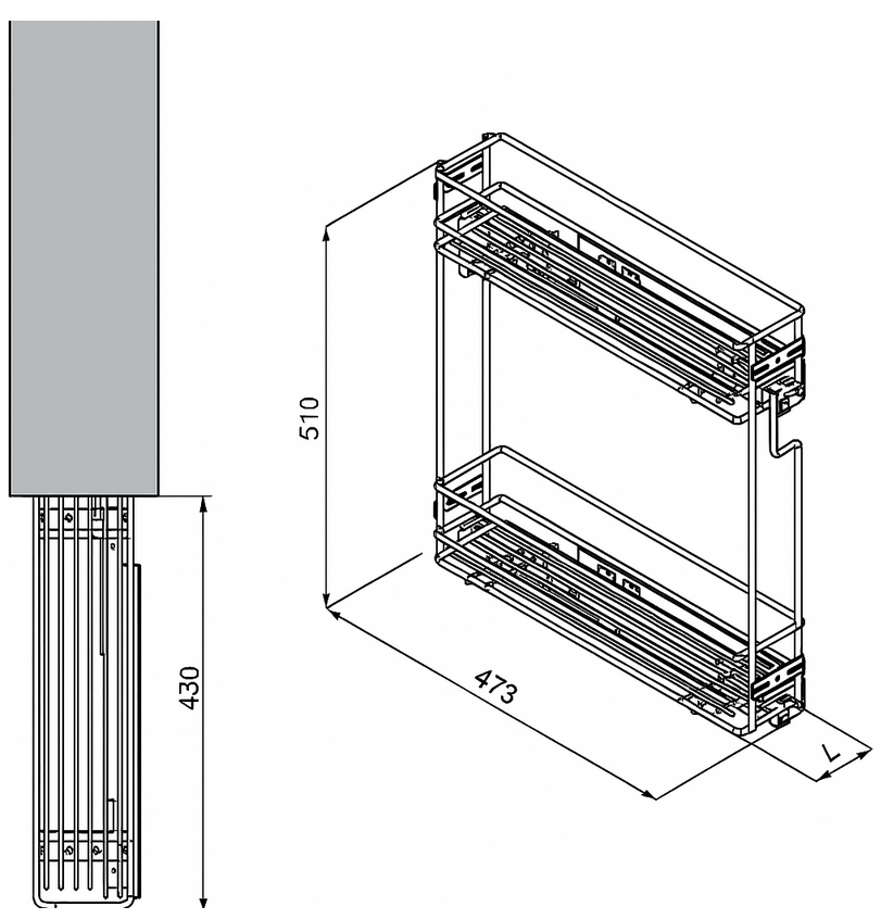 Technický nákres boční koš s tlumením, skříňka 150mm