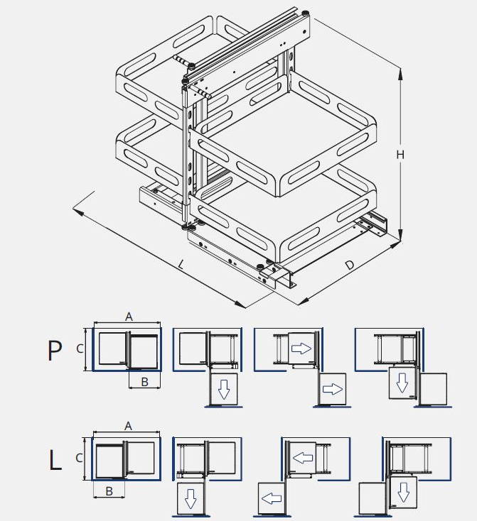 Technický nákres Rohový koš Magic Corner komfort Supreme (P/L) bílá, BOX