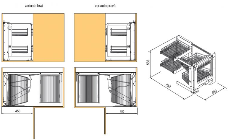 Technický nákres VIBO - systém pro rohovou skříňku
