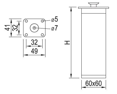 Technický obrázek - nožička 60x60mm, chrom