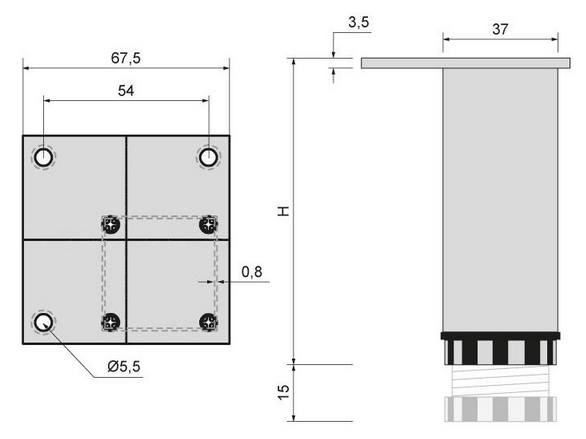 Technický obrázek - Nábytková nožička DN-760, matný chrom