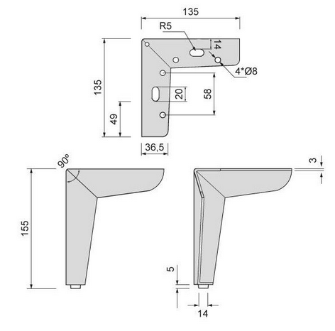 Technický obrázek - Nábytková nožička DN-727, černá