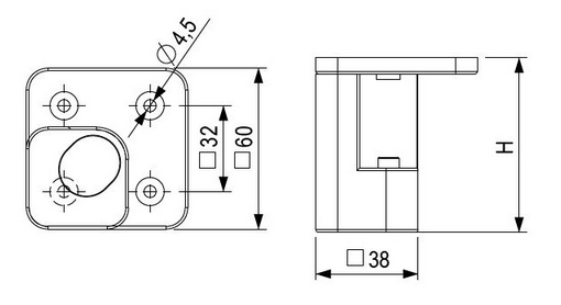 Technický obrázek - Nábytková nožička FP005, 38x38 mm, černá matná