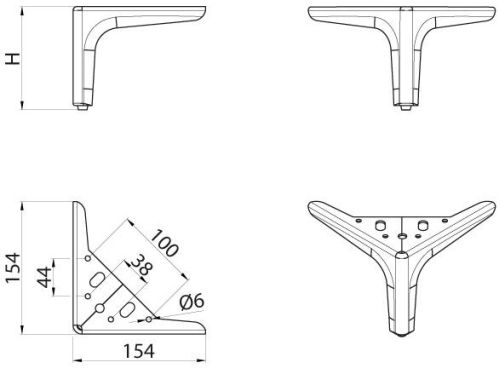 Technický obrázek nábytkové nožičky DN-701, černá matná, značky ATM