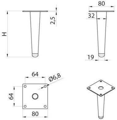 Technický obrázek nábytkové nožičky DN-709, lesklý chrom, značky ATM