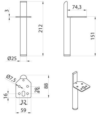 Technický obrázek nábytkové nožičky DN-714, černá matná, značky ATM