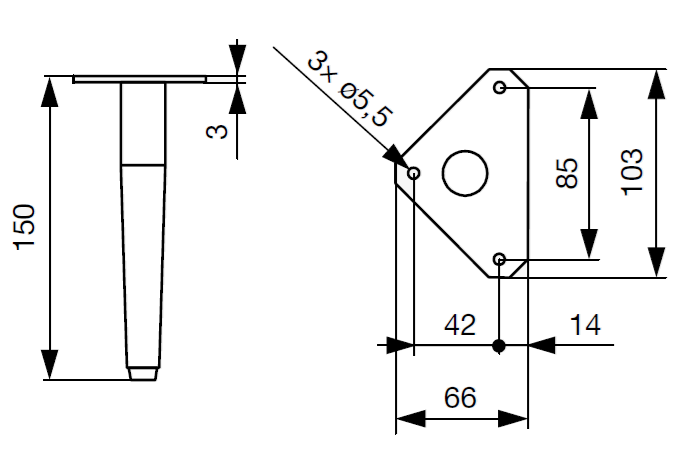 Technický nákres nábytková nožička Riex GA77 černá matná