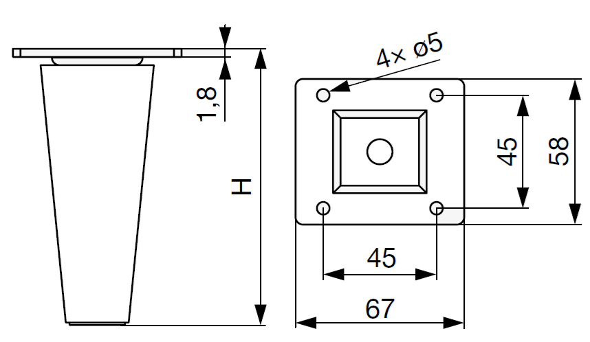 Technický nákres nábytková noha Riex GW20 lakovaný dub