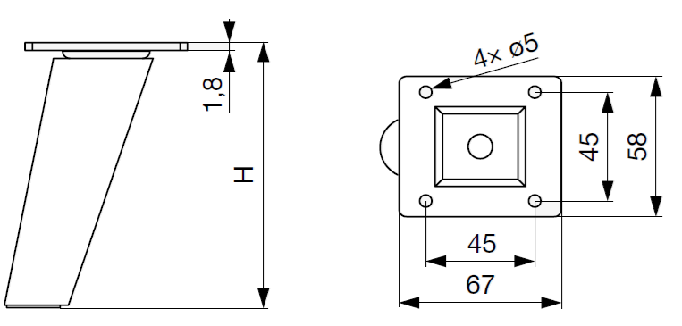 Technický nákres nábytková noha Riex GW22 šikmá, lakovaný dub