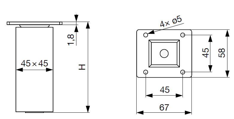 Technický nákres nábytková noha Riex GW25 hranatá, nelakovaný buk