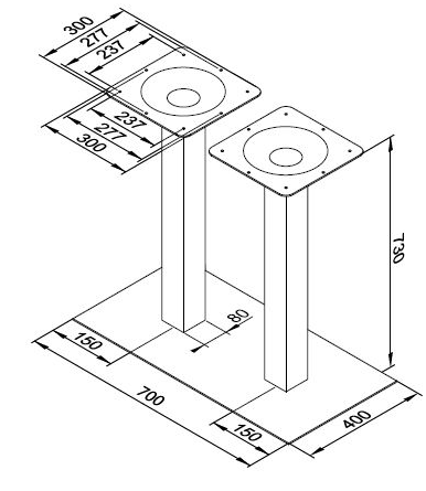 Technický obrázek Centrální stolová noha Strong dvojitá, nerez, 730mm