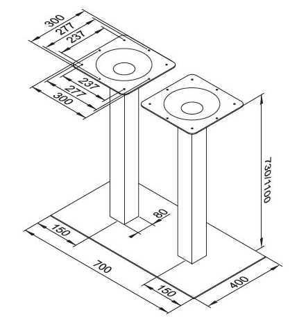 Technický obrázek Centrální stolová noha Strong dvojitá, 700x400/1100mm