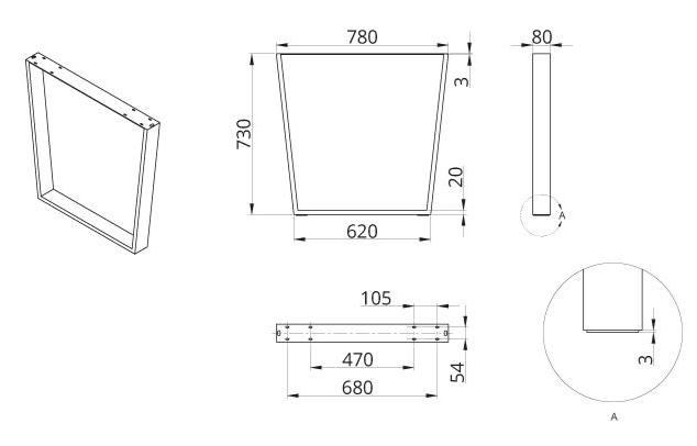 Technický nákres stolní podnož DN-971, 80x20