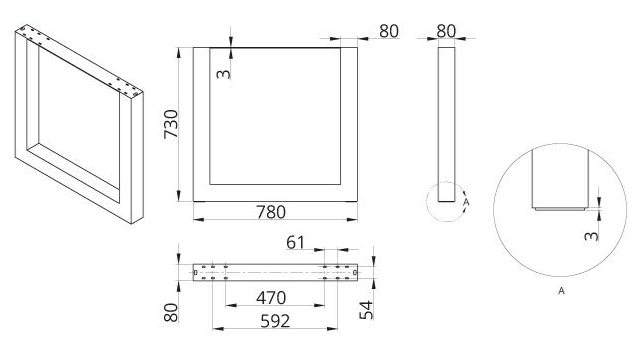 Technický nákres stolní podnož DN-970, 80x80