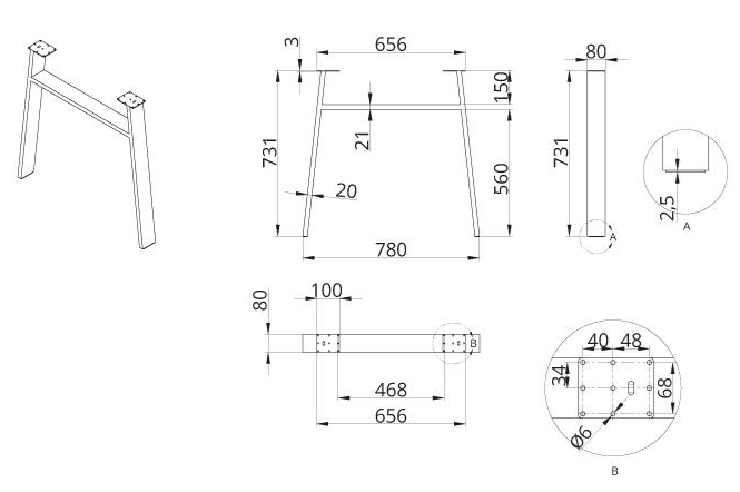 Technický nákres stolní podnož DN-972, 80x20