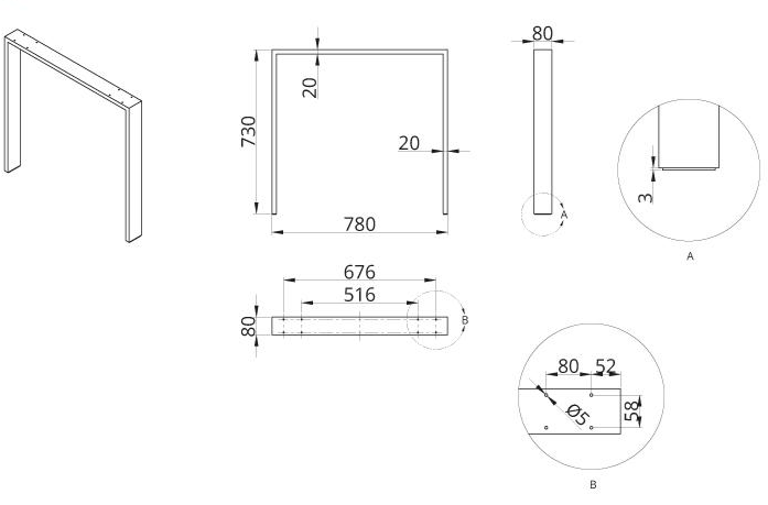 Technický nákres stolní podnož DN-973, 80x20