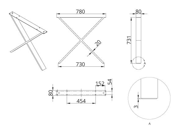 Technický nákres stolní podnož DN-974, 80x20, černá matná