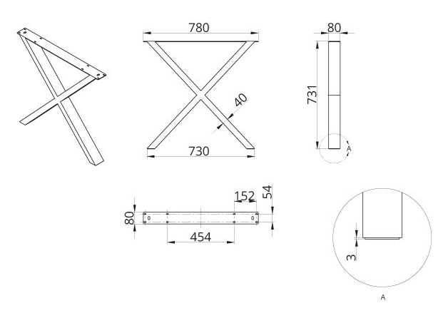 Technický nákres stolní podnož DN-974, 80x40, černá matná