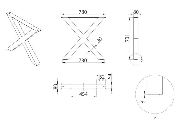 Technický nákres stolní podnož DN-974, 80x80, černá matná